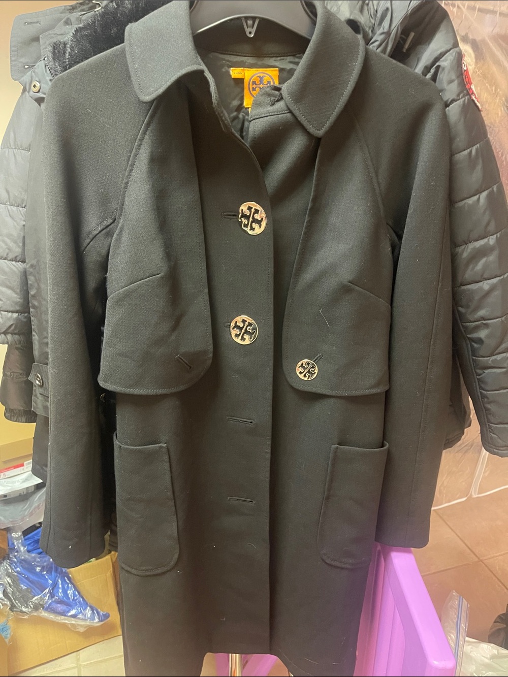 Tory Burch Black Wool-Blend Peacoat with Logo Buttons